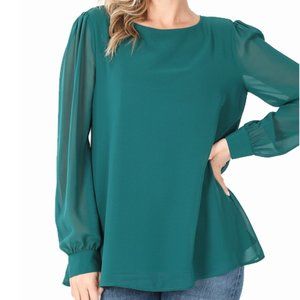 Deep Green Woven Long Sheer Sleeve Chiffon Blouse
